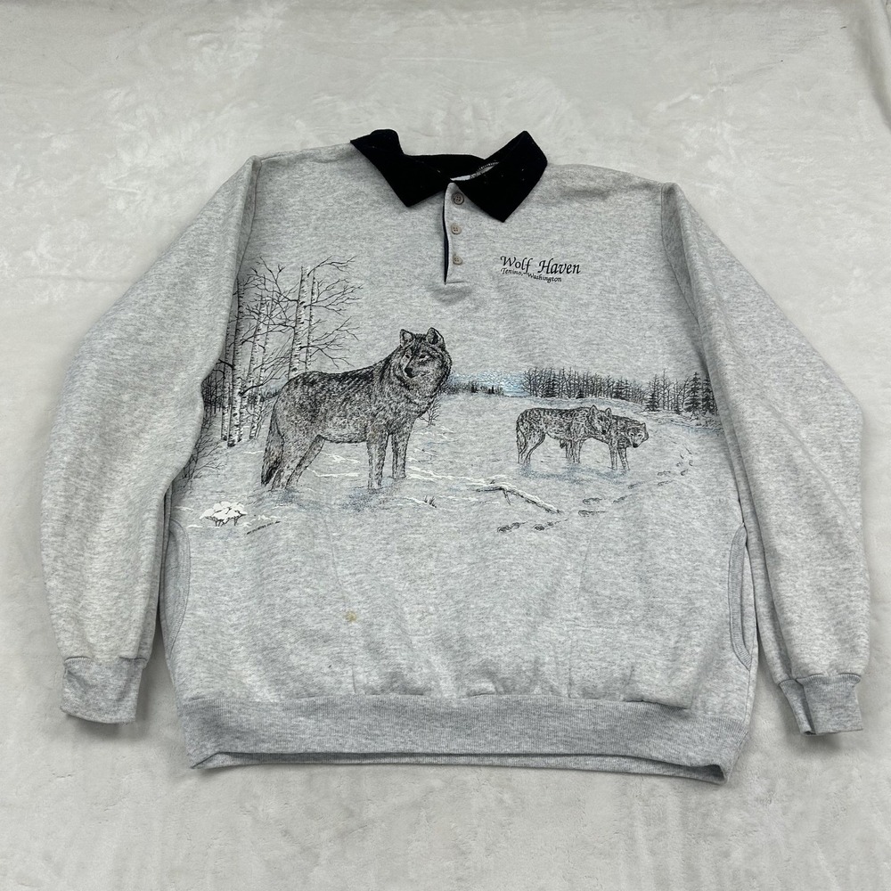 Wolf Haven Sweatshirt Mens XL Gray Long Sleeve Graphic Polo Collar Winter Scene